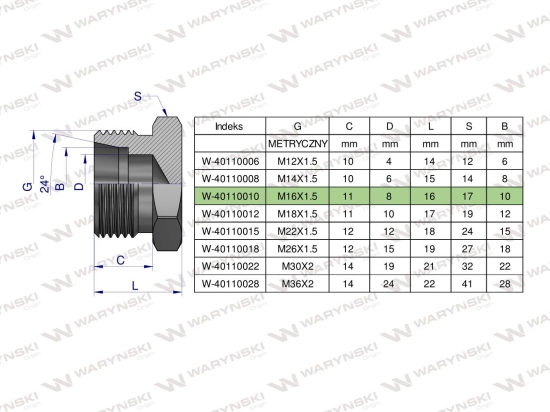 Korek hydrauliczny metryczny (na klucz) M16x1.5 10L Waryński ( sprzedawane po 10 )