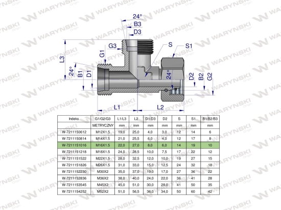Trójnik hydrauliczny niesymetryczny metryczny BBA M16x1.5 10L (XEVL) Waryński ( sprzedawane po 2 )