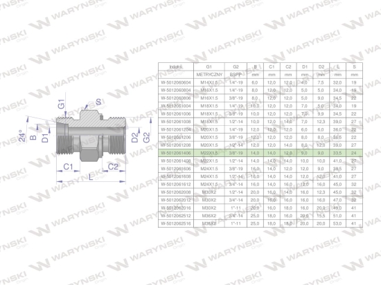 Przyłączka hydrauliczna (odmiana ciężka XGE) BB M22x1.5 14S x 3/8" BSP ED Waryński ( sprzedawane po 5 )