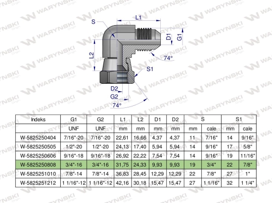 Kolanko hydrauliczne calowe AB 3/4" UNF (JIC) Waryński