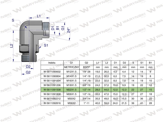 Kolanko hydrauliczne nastawne BB M22x1.5 15L x 1/2"BSP z regulacją Waryński ( sprzedawane po 2 )