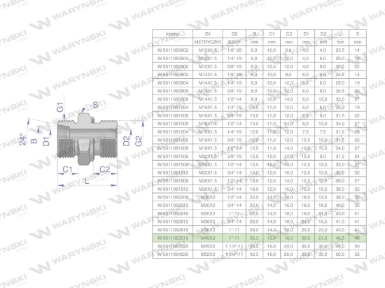 Przyłączka hydrauliczna BB (XGE) M45x2 35L3 35L x 1" BSP ED Waryński