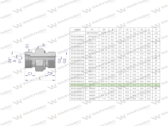 Przyłączka hydrauliczna (odmiana ciężka XGE) BB M30x2 20S x 1/2" BSP ED Waryński ( sprzedawane po 2 )