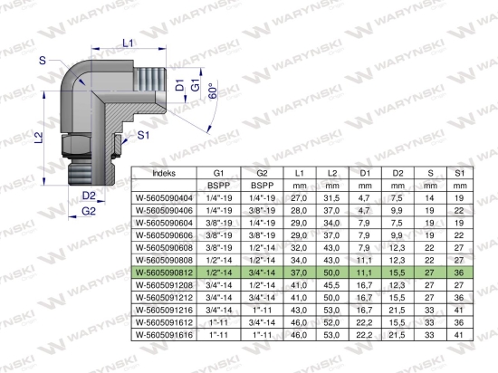 Kolanko hydrauliczne nastawne calowe BB 1/2" x 3/4" BSP z regulacją Waryński
