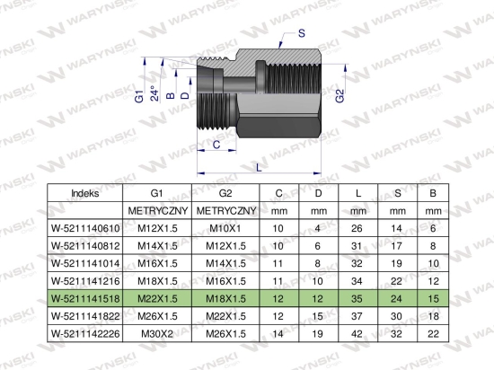 Tulejka różnicowa hydrauliczna metryczna AB M22x1.5 15L GZ x M18x1.5 GW Waryński ( sprzedawane po 2 )