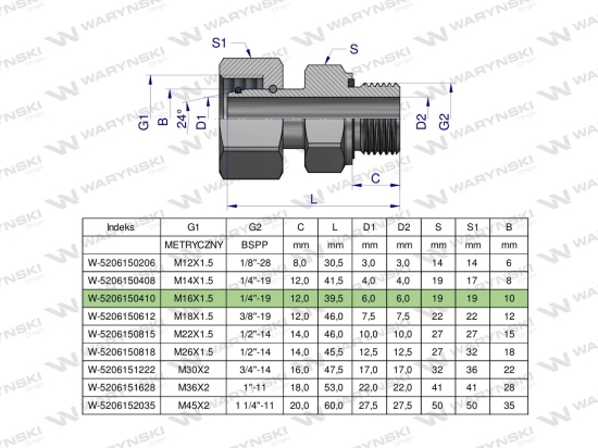 Przyłączka hydrauliczna AB (EVGE) M16x1.5 10L x 1/4" BSP ED Waryński ( sprzedawane po 2 )