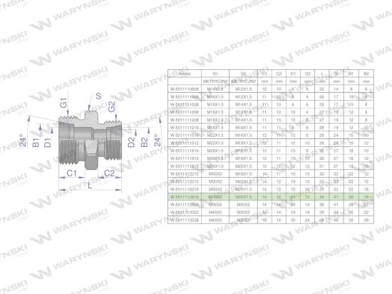 Złączka hydrauliczna redukcyjna metryczna BB M36x2 28L / M26x1.5 18L (XG) Waryński