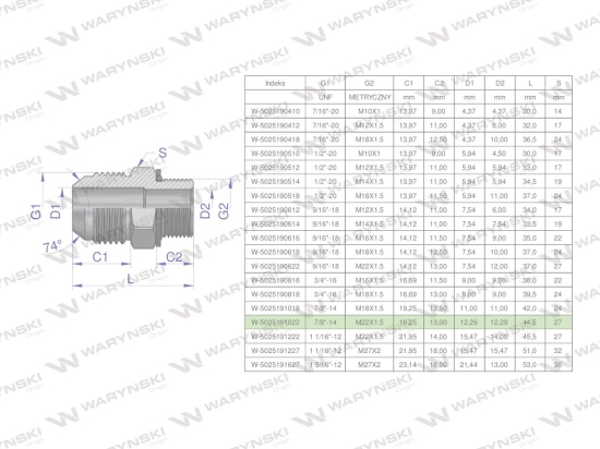Przyłączka hydrauliczna BB 7/8"UNF (JIC) x M22x1.5 (XGE) Waryński ( sprzedawane po 2 )