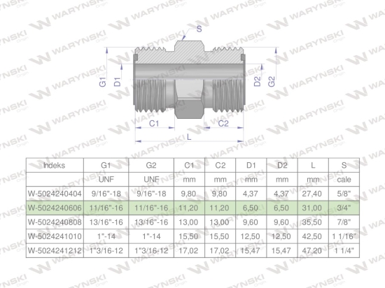 Złączka hydrauliczna calowa BB 11/16" ORFS (UNF) Waryński ( sprzedawane po 2 )