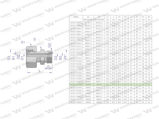 Złączka hydrauliczna metryczna AB (XKOR) A-M36x2 28L / B-M30x2 22L Waryński