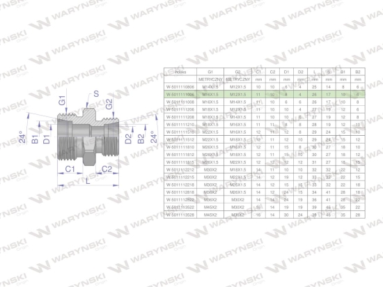 Złączka hydrauliczna redukcyjna metryczna BB M16x1.5 10L / M12x1.5 06L (XG) Waryński ( sprzedawane po 5 )