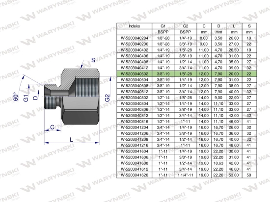 Tulejka różnicowa hydrauliczna calowa AB 3/8"GZ x 1/8"GW BSP Waryński ( sprzedawane po 2 )