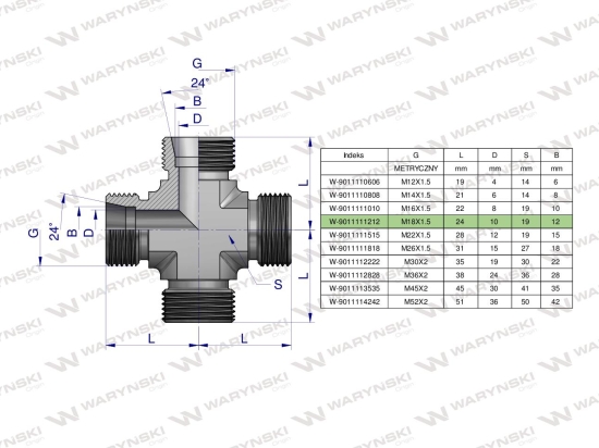 Czwórnik hydrauliczny metryczny BBBB M18x1.5 12L Waryński