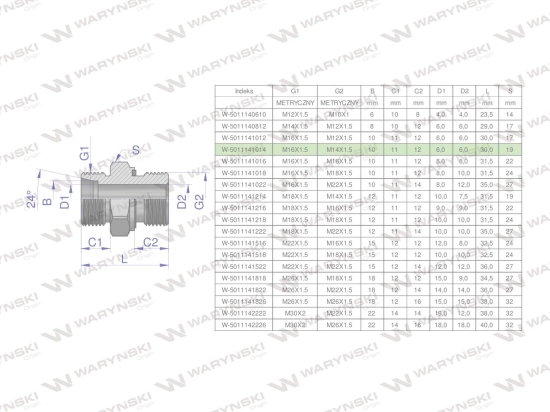 Przyłączka hydrauliczna metryczna BB (XGE) M16x1.5 10L x M14x1.5 ED Waryński ( sprzedawane po 5 )