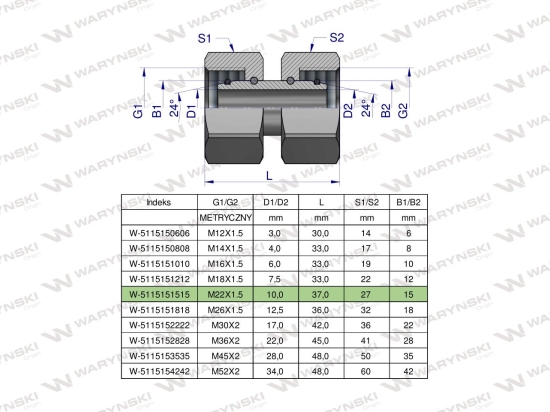 Złączka hydrauliczna metryczna AA M22x1.5 15L Waryński ( sprzedawane po 5 )