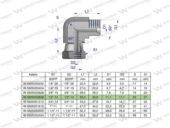 Kolanko hydrauliczne calowe AB 1/2" BSP Waryński