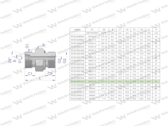 Przyłączka hydrauliczna (odmiana ciężka XGE) BB M24x1.5 16S x 3/4" BSP ED Waryński ( sprzedawane po 2 )