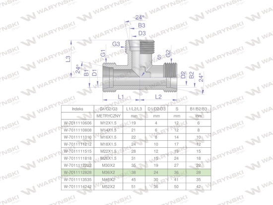 Trójnik hydrauliczny metryczny BBB M36x2 28L (XT) Waryński