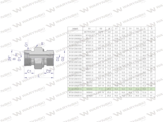 Przyłączka hydrauliczna (odmiana ciężka XGE) BB M30x2 20S x 1" BSP ED Waryński ( sprzedawane po 2 )