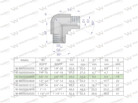 Kolanko hydrauliczne calowe BB 3/8" BSP (XW) Waryński ( sprzedawane po 5 )
