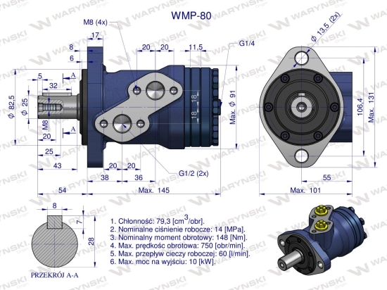 Silnik hydrauliczny orbitalny WMP 80 cm?/obr (140 bar / max.175 bar) Waryński