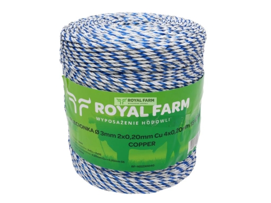 Plecionka, do elektryzatora 3mm, 2x0,20mm Cu, 4x0,20mm SS biało-niebieska 400m, Royal Farm