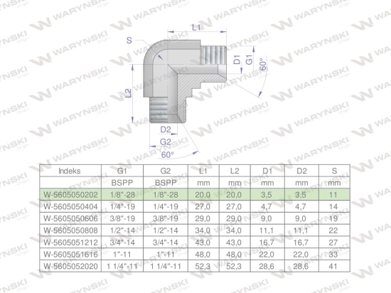 Kolanko hydrauliczne calowe BB 1/8" BSP (XW) Waryński ( sprzedawane po 2 )