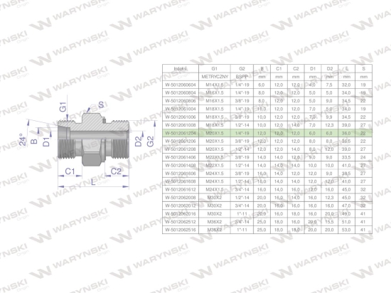 Przyłączka hydrauliczna (odmiana ciężka XGE) BB M20x1.5 12S x 1/4" BSP ED Waryński ( sprzedawane po 5 )