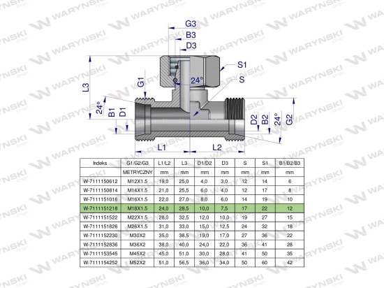 Trójnik hydrauliczny symetryczny metryczny BAB M18x1.5 12L (XEVT) Waryński ( sprzedawane po 5 )