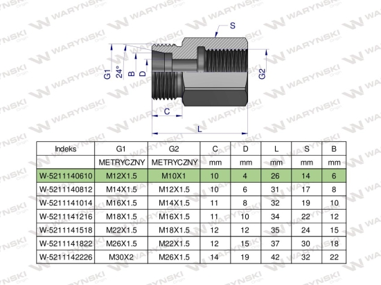 Tulejka różnicowa hydrauliczna metryczna AB M12x1.5 06L GZ x M10x1 GW Waryński ( sprzedawane po 2 )