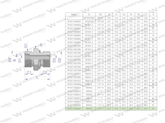 Przyłączka hydrauliczna BB (XGE) M52x2 42L x 1 1/4" BSP ED Waryński