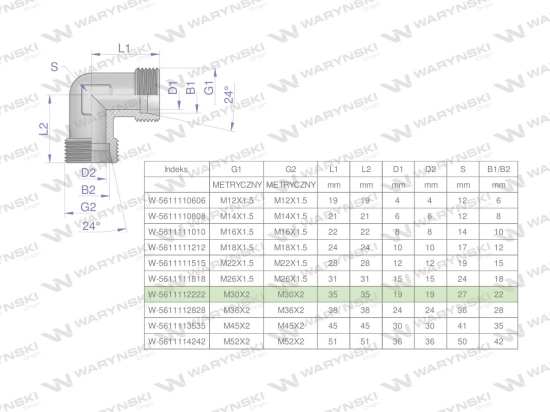 Kolanko hydrauliczne metryczne BB M30x2 22L (XW) Waryński