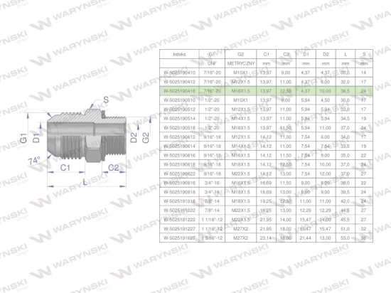 Przyłączka hydrauliczna BB 7/16"UNF (JIC) x M18x1.5 (XGE) Waryński ( sprzedawane po 2 )
