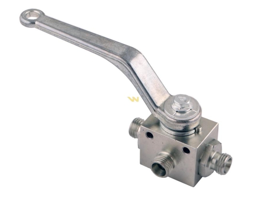 Zawór kulowy hydrauliczny 3-drogowy 3/2 M14x1.5 08L z otworami mocującymi 500 bar Waryński