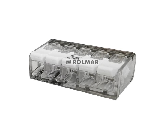 Szybkozłączka elektryczna 5 otworowa z zapadką. przewód- linka. drut  0.5-4 mm2 ( pakowane po 10 szt. )