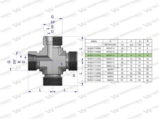 Czwórnik hydrauliczny metryczny BBBB M16x1.5 10L Waryński