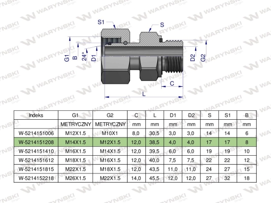 Przyłączka hydrauliczna metryczna AB (EVGE) M14x1.5 08L x M12x1.5 ED Waryński ( sprzedawane po 2 )