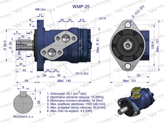 Silnik hydrauliczny orbitalny WMP 25 cm?/obr (100 bar / max.175 bar) Waryński