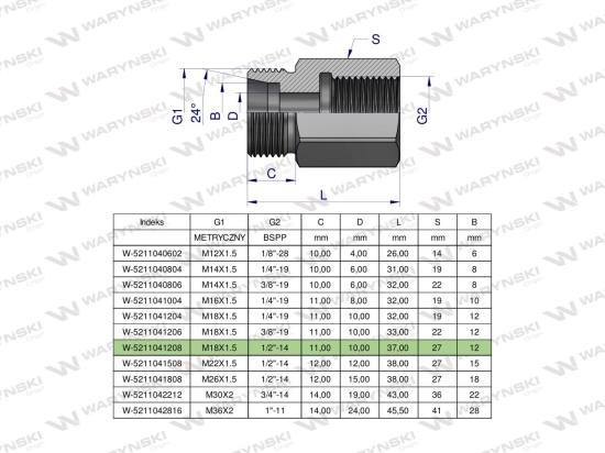 Tulejka różnicowa hydrauliczna AB M18x1.5 12L GZ x 1/2" BSP Waryński ( sprzedawane po 2 )