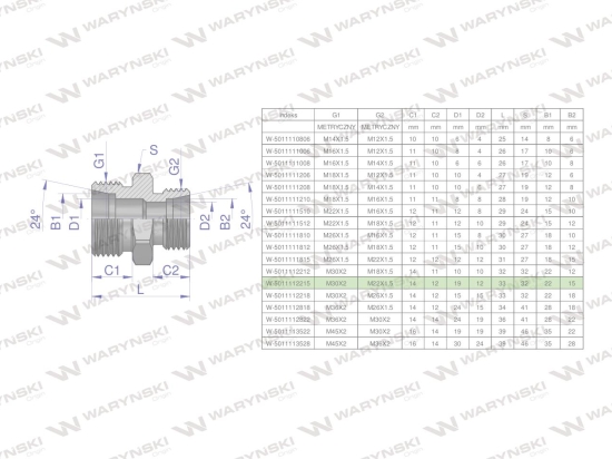 Złączka hydrauliczna redukcyjna metryczna BB M30x2 22L / M22x1.5 15L (XG) Waryński