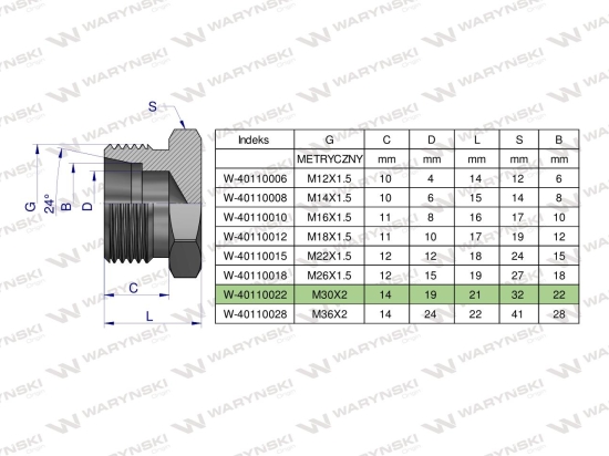 Korek hydrauliczny metryczny (na klucz) M30x2 22L Waryński ( sprzedawane po 2 )