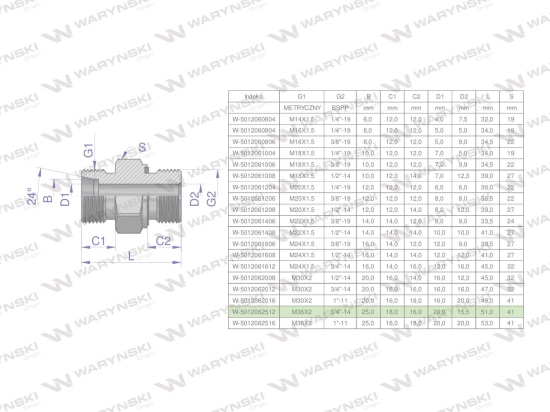 Przyłączka hydrauliczna (odmiana ciężka XGE) BB M36x2 25S x 3/4" BSP ED Waryński ( sprzedawane po 2 )