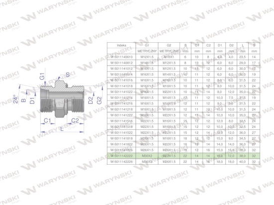 Przyłączka hydrauliczna metryczna BB (XGE) M30x2 22L x M22x1.5 ED Waryński ( sprzedawane po 2 )