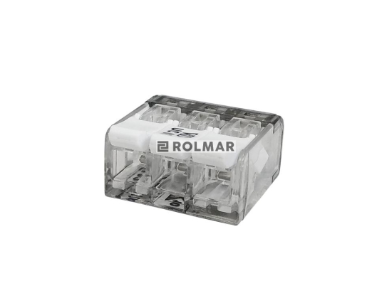 Szybkozłączka elektryczna 3 otworowa z zapadką. przewód- linka. drut  0.5-4 mm2 ( pakowane po 10 szt. )