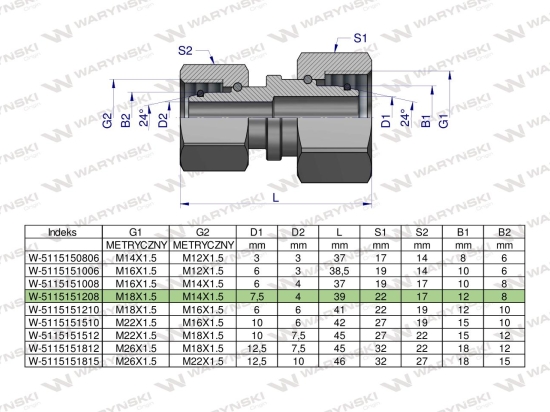 Złączka hydrauliczna metryczna AA M18x1.5 12L x M14x1.5 08L Waryński ( sprzedawane po 2 )