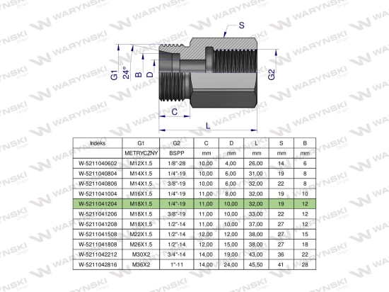 Tulejka różnicowa hydrauliczna AB M18x1.5 12L GZ x 1/4" BSP Waryński ( sprzedawane po 2 )