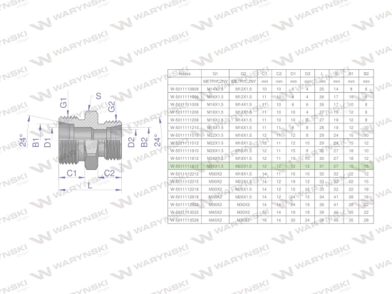 Złączka hydrauliczna redukcyjna metryczna BB M26x1.5 18L / M22x1.5 15L (XG) Waryński ( sprzedawane po 2 )