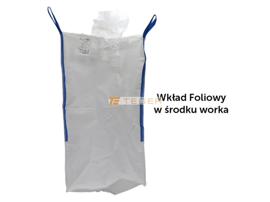 Worek BIG BAG 1000kg. z wkładem foliowym. 95 x 95 x 165. 4 uchwyty. Lej zasypowy / Dół zamknięty. Tasiemka /TEGER