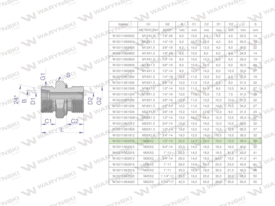 Przyłączka hydrauliczna BB (XGE) M30x2 22L x 1/2" BSP ED Waryński ( sprzedawane po 2 )