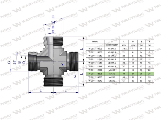 Czwórnik hydrauliczny metryczny BBBB M36x2 28L Waryński